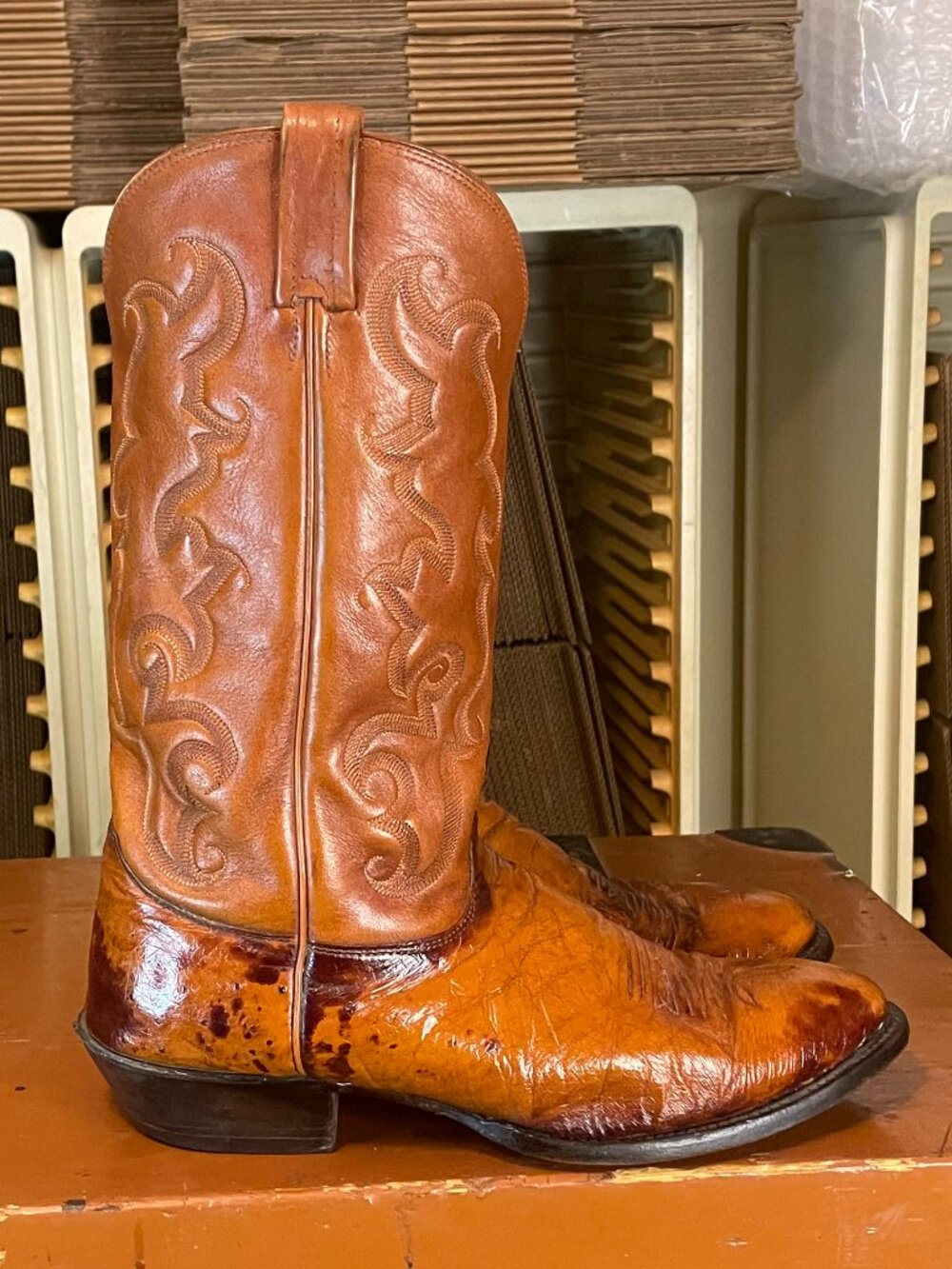 NOCONA Men's 13 D Cognac Blotched Calfskin Western Cowboy Boots Made in USA